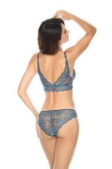 Charming Sea Blue lace triangle bra and matching thong with floral pattern, offering maximum comfort.