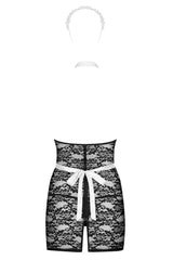 Seductive Servgirl black lace dress with floral pattern, white apron, and headband for fantasy role-play.