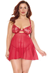 Coquette Sheer Embroidery Mesh Metallic Wet Look Babydoll Red