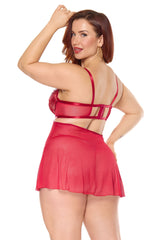 Coquette Sheer Embroidery Mesh Metallic Wet Look Babydoll Red