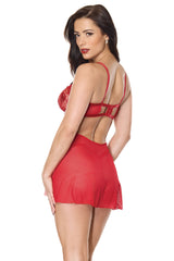 Coquette Sheer Embroidery Mesh Metallic Wet Look Babydoll Red