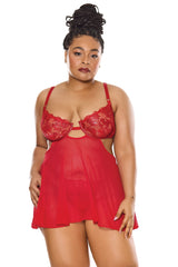 Coquette Sheer Embroidery Mesh Metallic Wet Look Babydoll Red