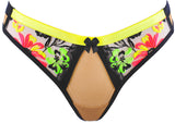 Axami Luminesce thong in sheer nude mesh with neon floral embroidery and black trim, front view