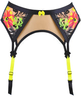 Axami Luminesce garter belt in sheer nude mesh with neon floral embroidery and yellow suspender straps, front view