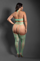 Fantasy Lingerie Sheer Heart Of Glass 3pc Gartered Stockings Set Seaglass Queen