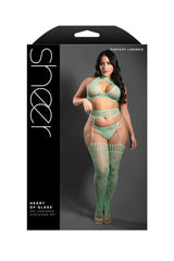 Fantasy Lingerie Sheer Heart Of Glass 3pc Gartered Stockings Set Seaglass Queen