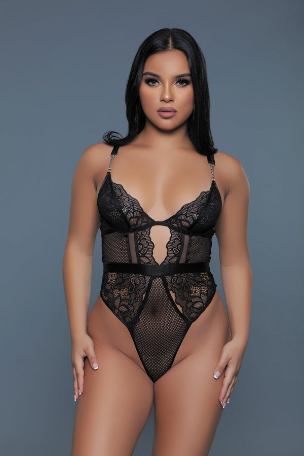 BeWicked Sexy Sheer Lace Camille Bodysuit Chain Details Black