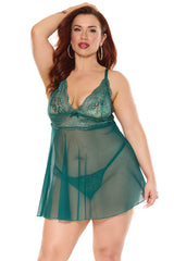 Coquette Sheer Mesh and Lace Babydoll Set Green