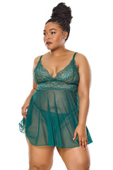 Coquette Sheer Mesh and Lace Babydoll Set Green