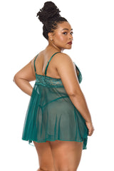 Coquette Sheer Mesh and Lace Babydoll Set Green