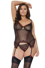 Coquette Plus Sheer Mesh Ruffle Hem Ribbon Bustier Black-Rebel Romance