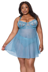 Coquette Sheer Mesh Underwire Lace Cups Babydoll Blue