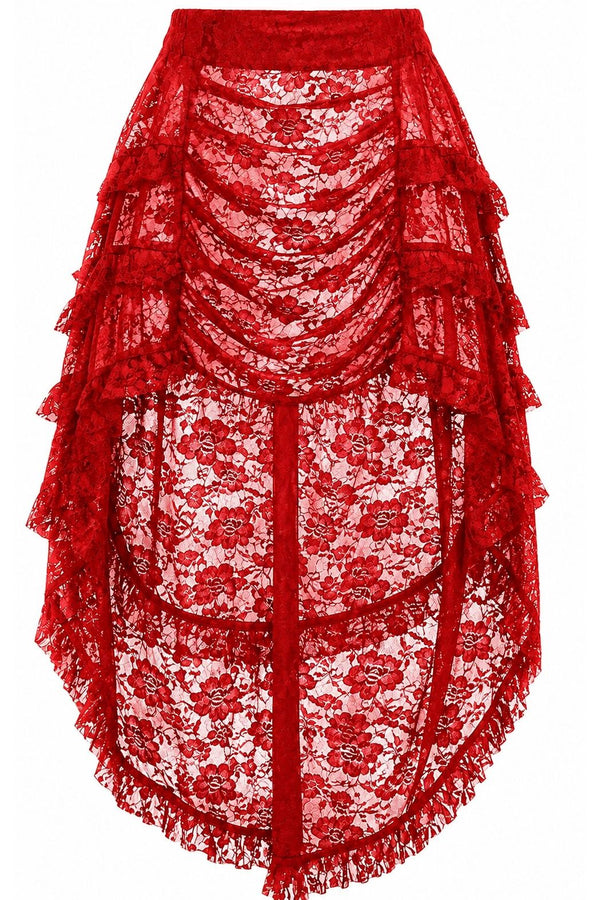 Daisy Corsets Sheer Red Lace Ruched Front High Low Lace Skirt