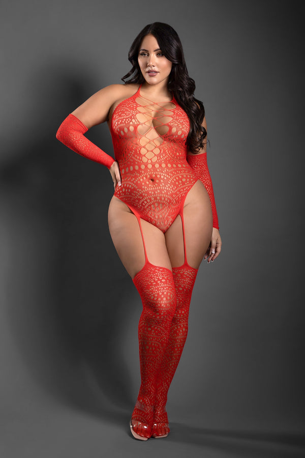 Fantasy Lingerie Sheer Secret Rendezvous Crotchless Teddy Bodystocking & Gloves Queen