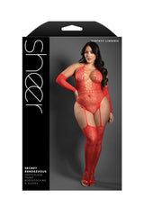 Fantasy Lingerie Sheer Secret Rendezvous Crotchless Teddy Bodystocking & Gloves Queen