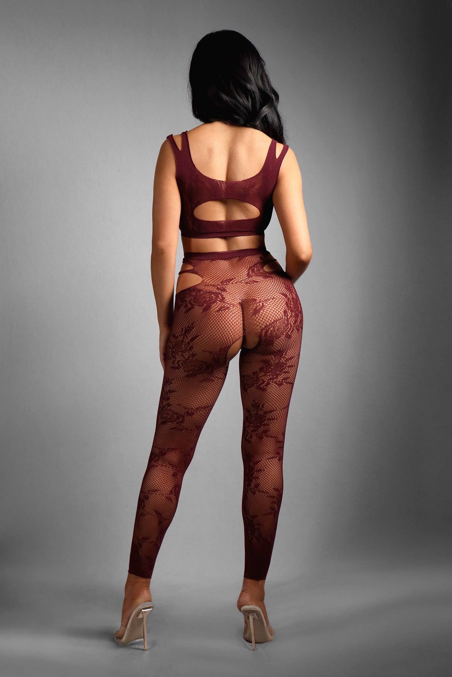 Fantasy Sheer Undivided Attention Top & Crotchless Tights Burgundy-Rebel Romance