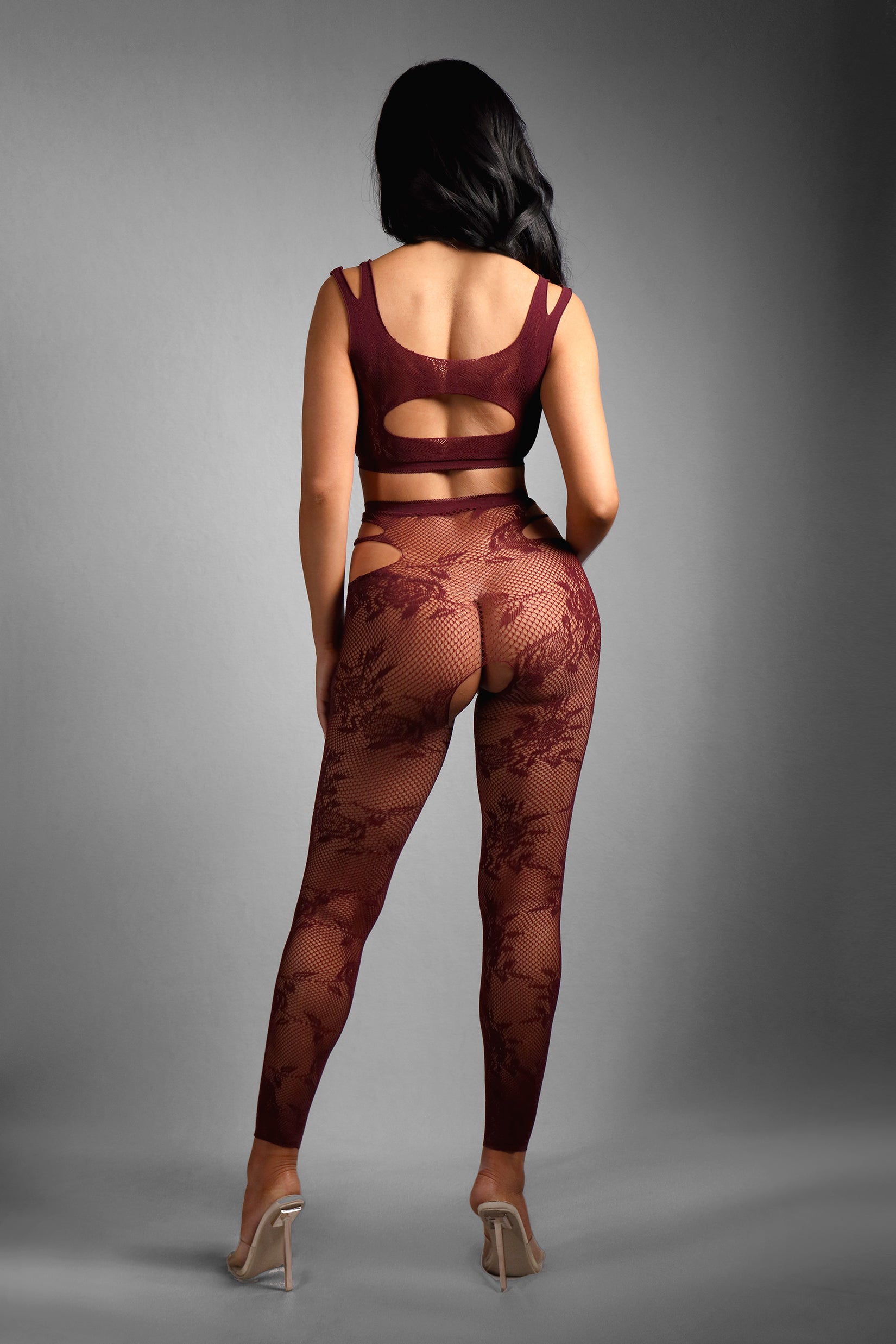 Fantasy Sheer Undivided Attention Top & Crotchless Tights Burgundy-Rebel Romance