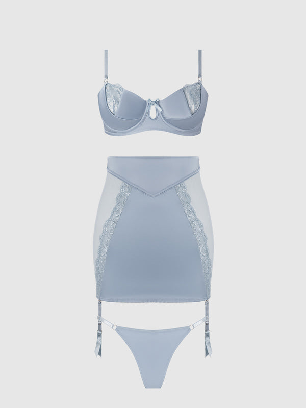 House of Desire Sienna Satin & Lace Bra, Backless Skirt & Tanga Set