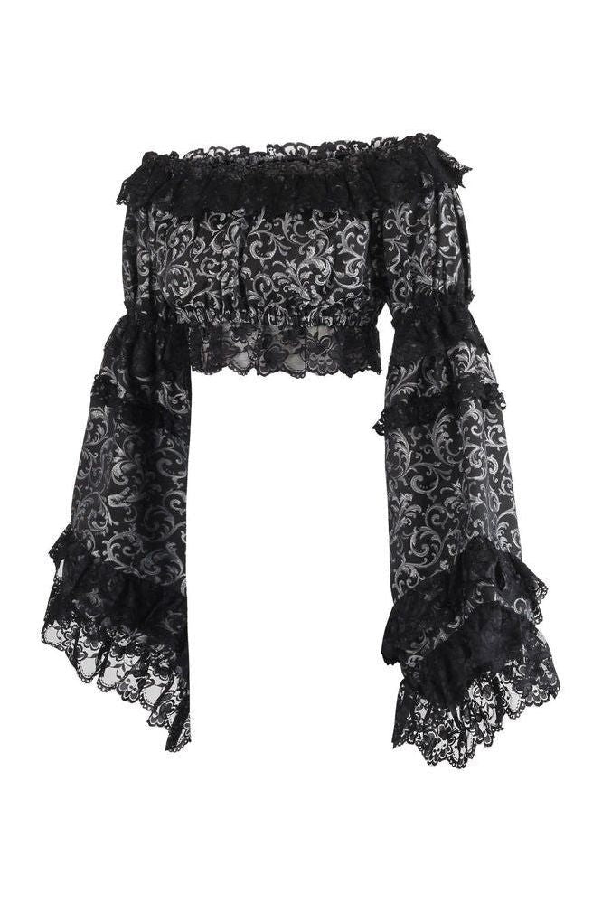 Silver/Black Brocade Smocked Flare Sleeve Peasant Top - Daisy Corsets