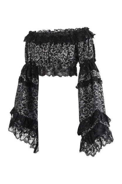 Silver/Black Brocade Smocked Flare Sleeve Peasant Top - Daisy Corsets