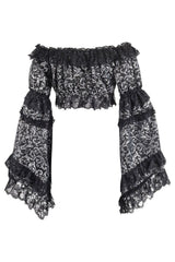 Daisy Corsets Silver/Black Brocade Smocked Flare Sleeve Peasant Top