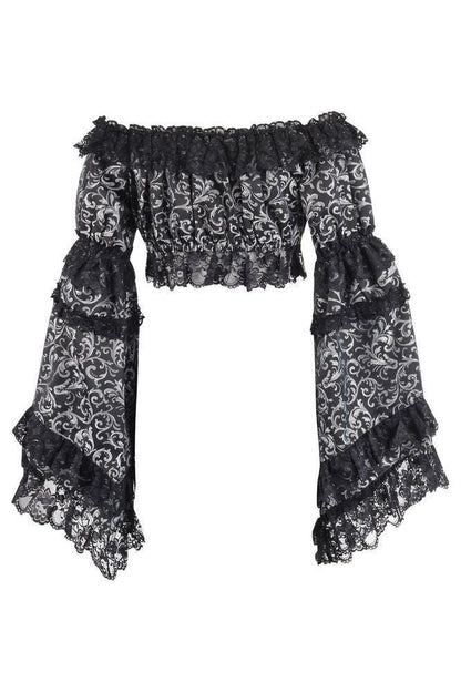 Silver/Black Brocade Smocked Flare Sleeve Peasant Top - Daisy Corsets