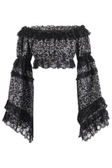 Daisy Corsets Silver/Black Brocade Smocked Flare Sleeve Peasant Top