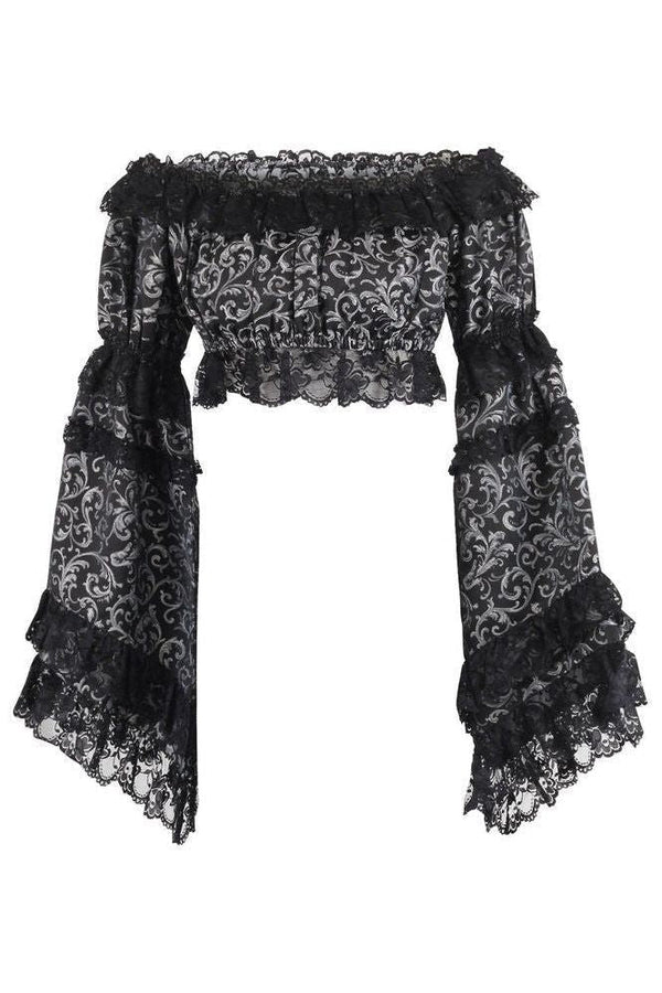 Daisy Corsets Silver/Black Brocade Smocked Flare Sleeve Peasant Top