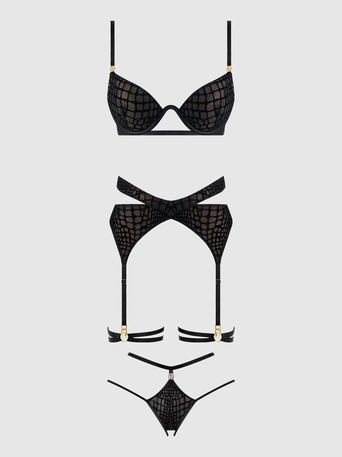 Snake Velvet Burnout Mesh Bra Set Black
