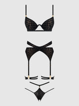 Snake Velvet Burnout Mesh Bra Set Black