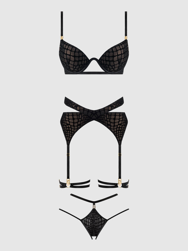 House of Desire Snake Velvet Burnout Mesh Bra Set Black