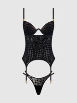 Snake Velvet Burnout Mesh Bustier Set Black