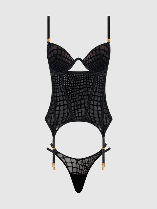 House of Desire Snake Velvet Burnout Mesh Bustier Set Black