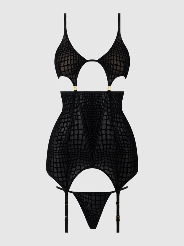 House of Desire Snake Velvet Burnout Mesh Chemise Set Black