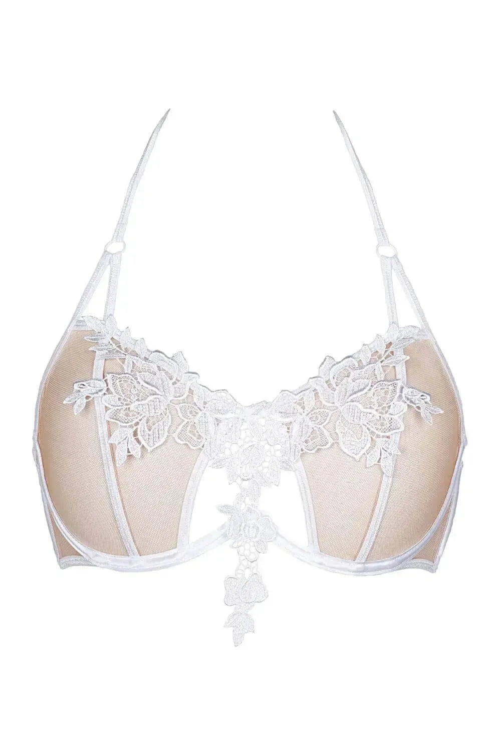 Avant-garde Solea sheer mesh unlined bra with beige tulle, white embroidery, and halter-style ties.
