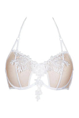 Avant-garde Solea sheer mesh unlined bra with beige tulle, white embroidery, and halter-style ties.