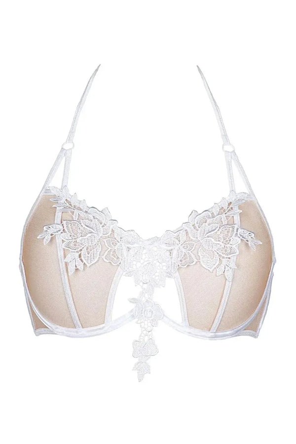 Avant-garde Solea sheer mesh unlined bra with beige tulle, white embroidery, and halter-style ties.