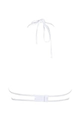 Solea sheer mesh unlined bra with halter tie, transparent beige tulle, and white embroidered motif.