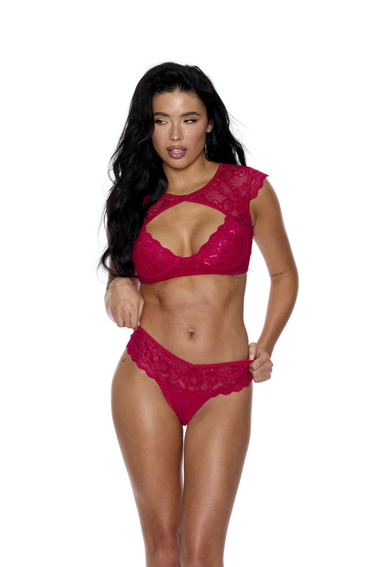 Shirley of Hollywood Cute Stretch Lace Underwire Cups Bra Set Red