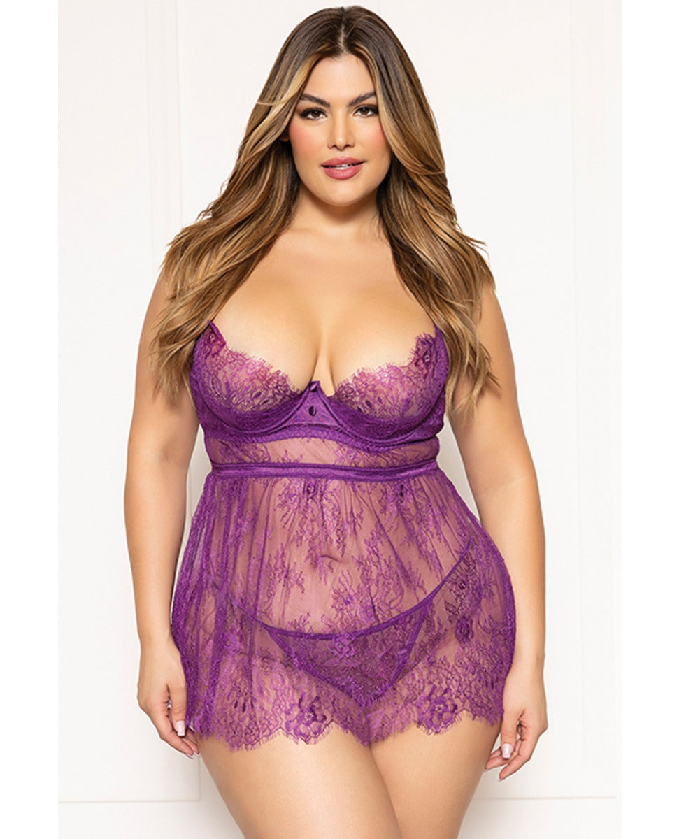 Seven 'til Midnight Queen Pretty Lace Satin Babydoll and Panty Purple