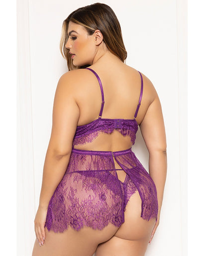 Seven 'til Midnight Queen Pretty Lace Satin Babydoll and Panty Purple