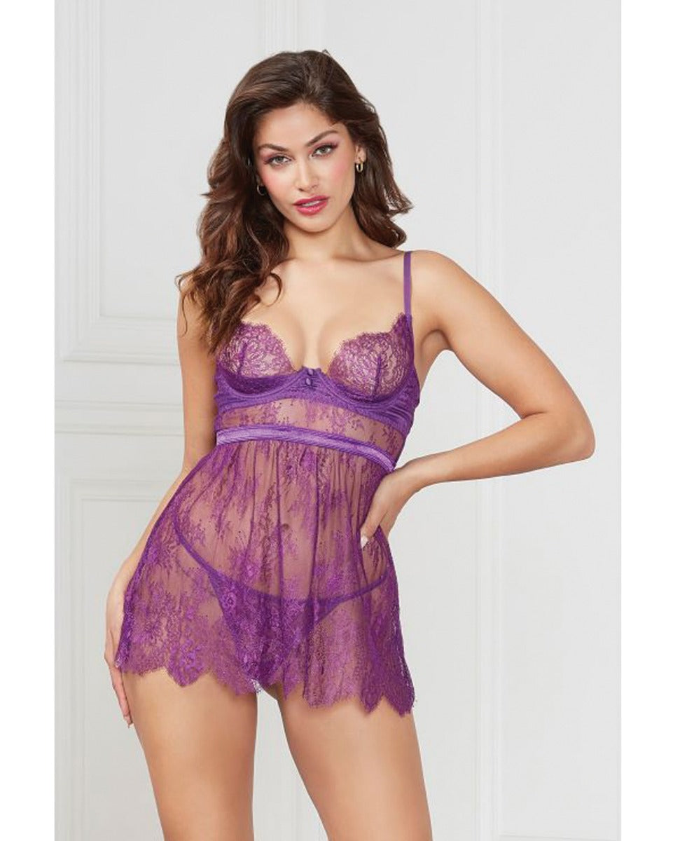 Seven 'til Midnight Pretty Lace Satin Babydoll and Panty Purple