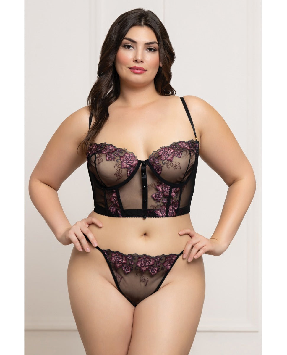 Seven 'til Midnight Queen Floral Lace Mesh Underwire Bustier Bra Set Purple/Black