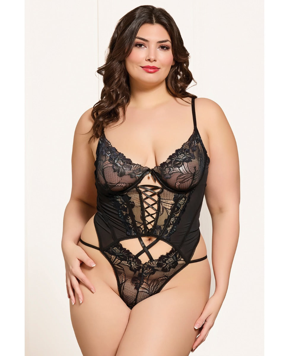 Seven ’til Midnight Queen Floral Lace and Mesh Underwire Teddy Black