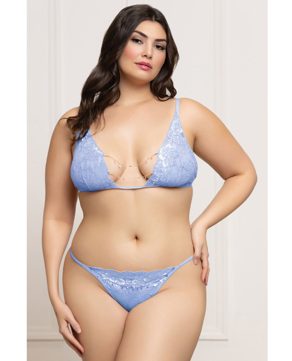 Seven ’til Midnight Queen Lace Rhinestone Chained Bralette Bra Set Periwinkle Blue