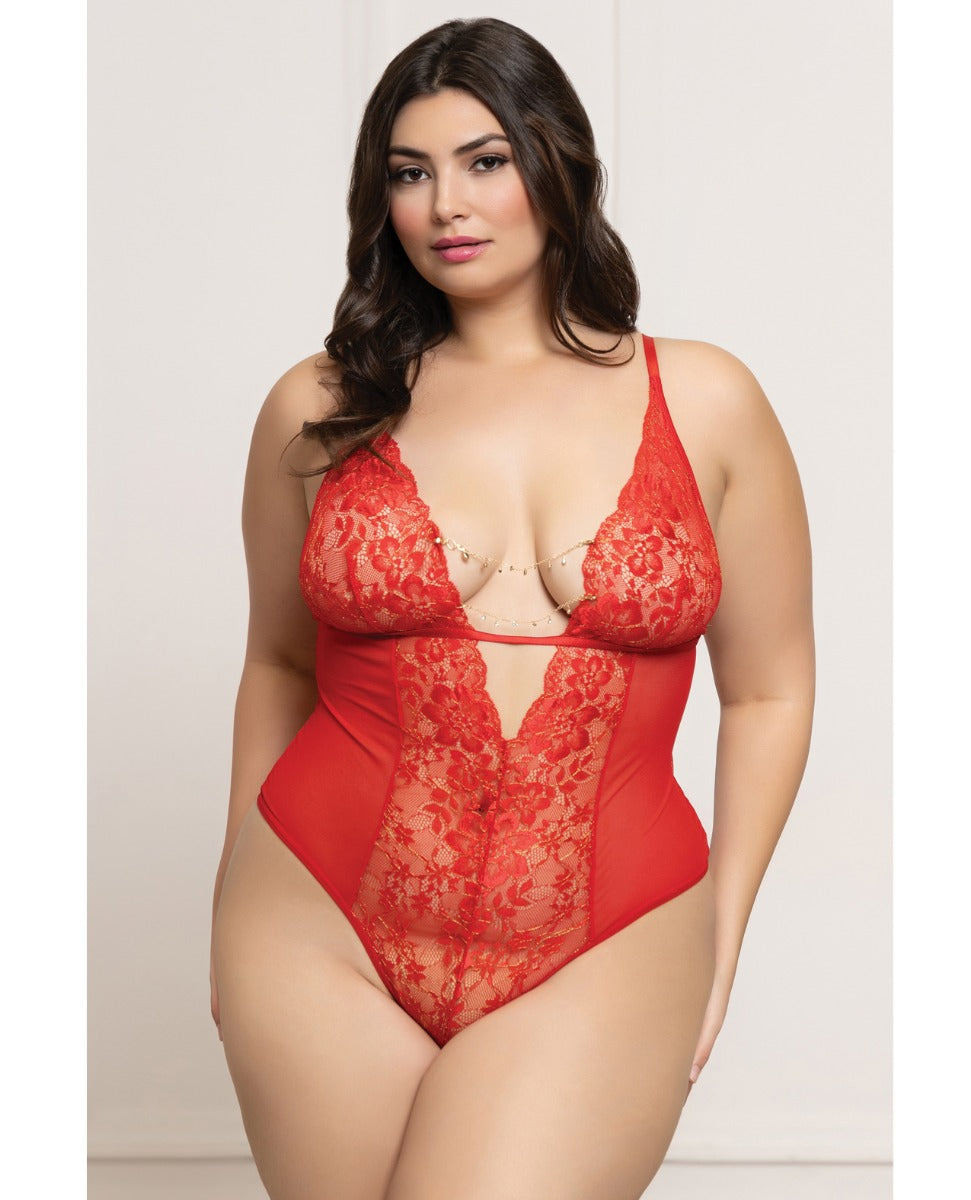 Seven 'til Midnight Queen Red Lace and Mesh Open Crotch Teddy w/ Rhinestones