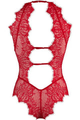 Sensual red lace bodysuit with Oriental lace, delicate tulle, and open back details.