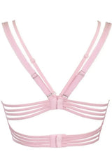 Back view of Axami Strawberry Shortcake longline corset bra with pink lace and adjustable straps.