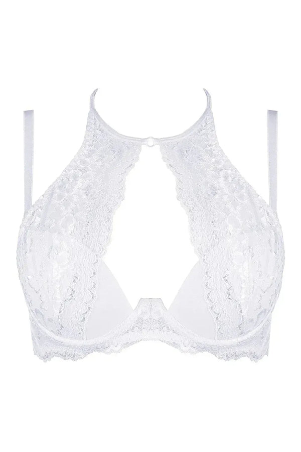 Heavenly white high-neck lace push-up bra with dramatic design and customizable lift.