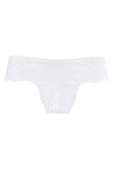 Delicate white lace Brazilian cheekini bikini thong with scalloped edges for bridal elegance.